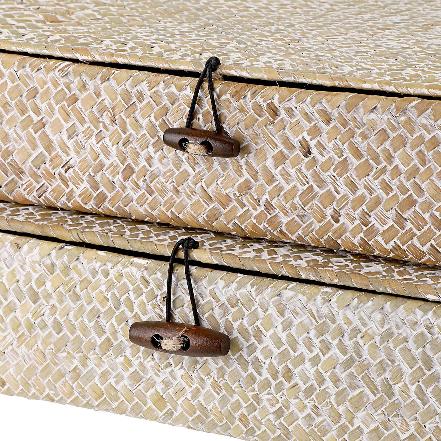 Hipiwe Set of 2 Flat Woven Wicker Storage Bins with Lid Natural Seagrass Basket Boxes Multipurpose Home Organizer Bins Boxes for Shelf Organizer