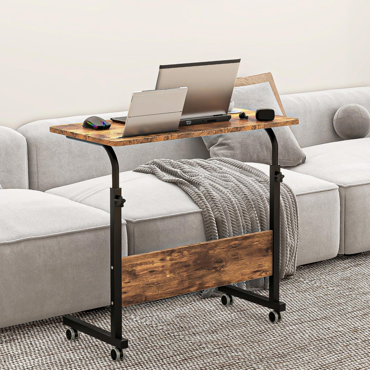 sogesfurniture Height-adjustable laptop table, computer desk with tablet slot, 80 x 40 cm, PC table, sofa table, care table, side table with wheels