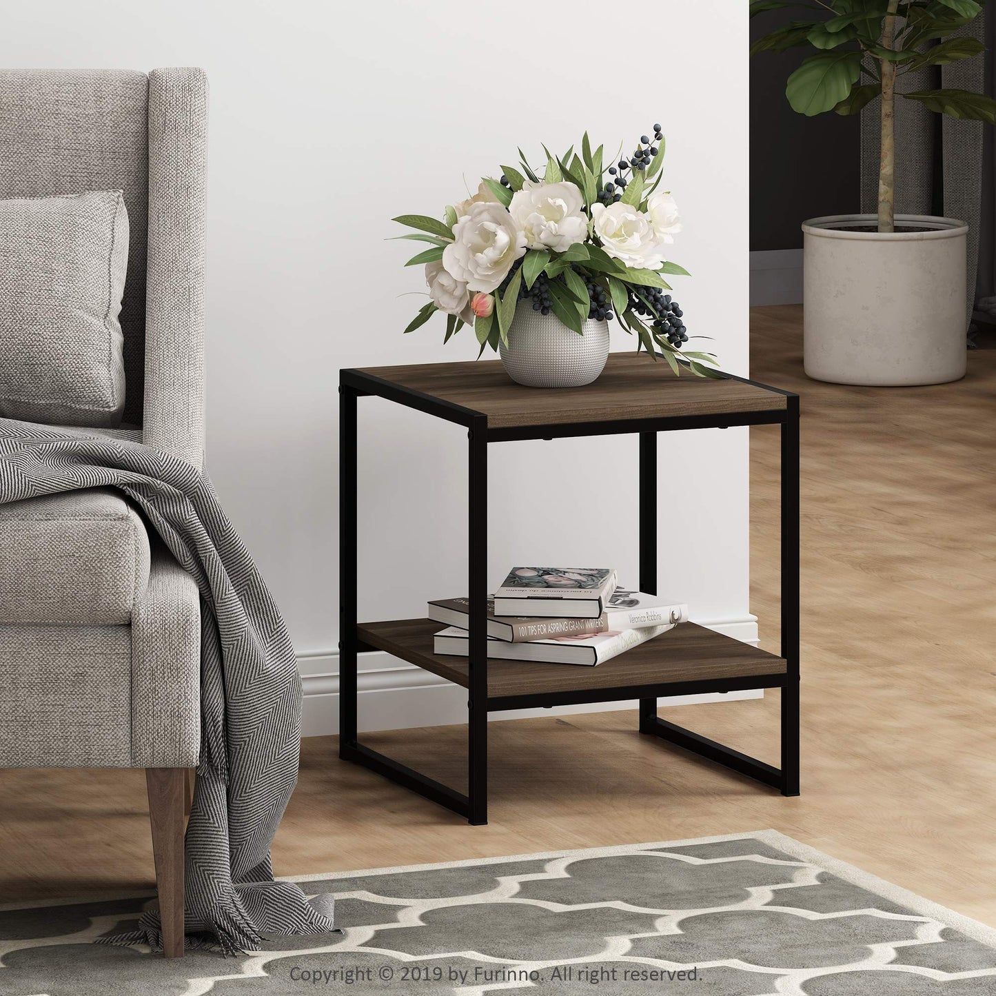 Furinno CAMNUS Side Table, 2-Tier Metal Frame End Table with Open Shelf, Easy Assembly Night Stand, Bedside Table, for Living Room, Bedroom