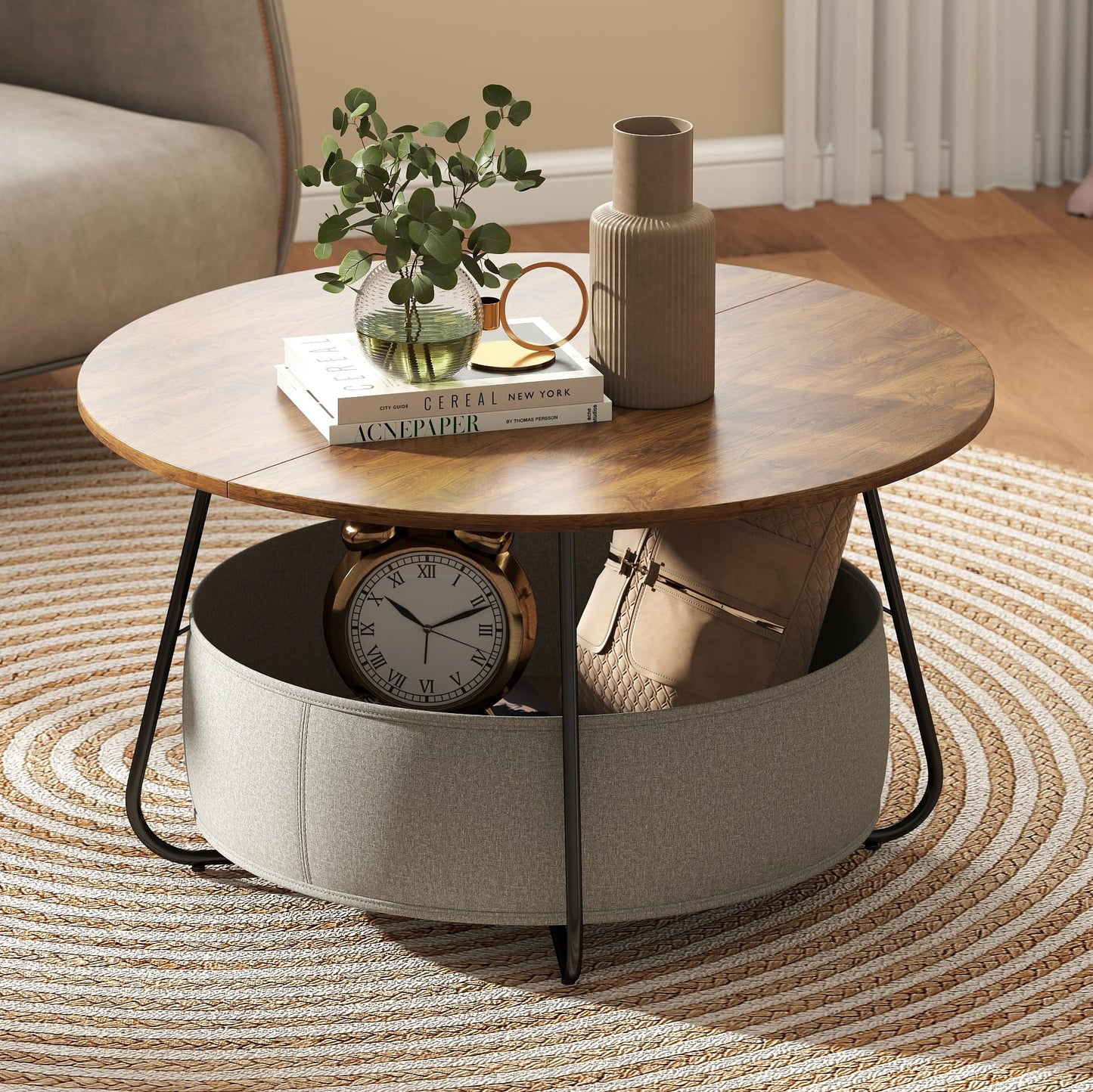 Manora Rustic Brown Round Coffee Table with Storage 31" Fabric Basket