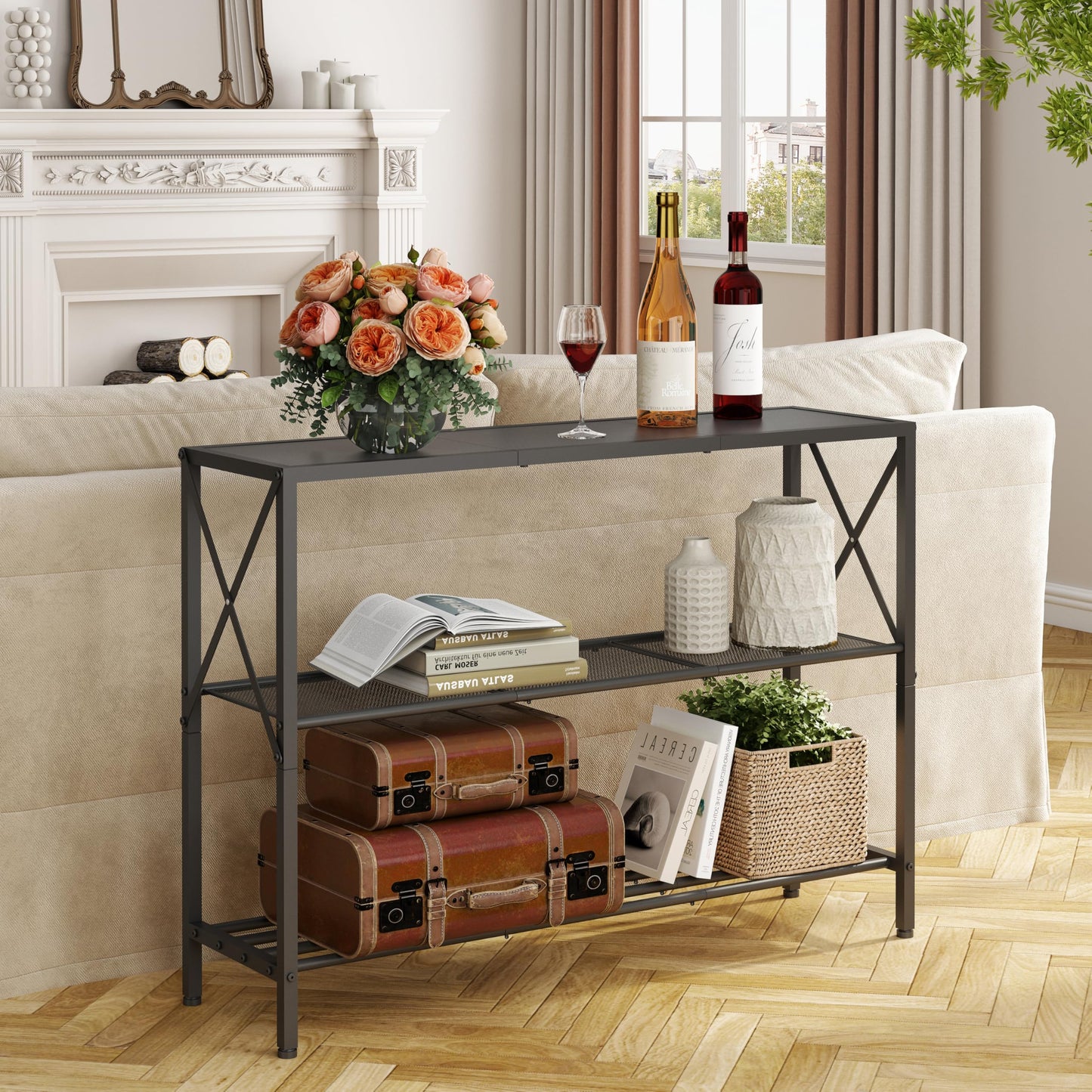Hoctieon Industrial Console Table, 3 Tier Entryway Table, Metal Frame, Sofa Table with Shelf, Hallway Table, Entrance Table for Entryway, Living Room