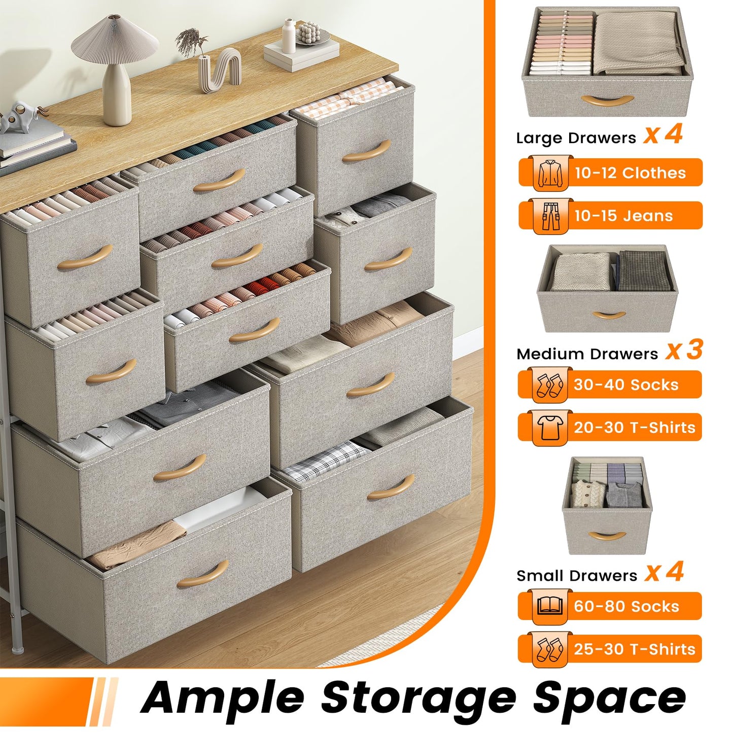 Feonase Chest of Drawers,Bedroom Tall Dresser with 11 Fabric Drawers, Metal Frame & MDF Wood Top, Adjustable Feet, Storage Organizer Unit for Bedroom