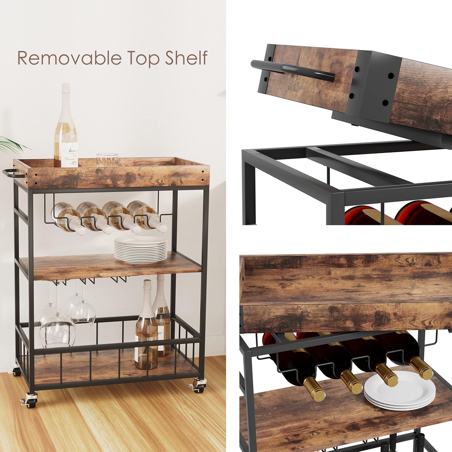 Huhote Serving Trolley, Kitchen Trolley, Bar Cart with Wheels, Wine Cart with Bottle Holder, 3 Tier Drinks Trolley for Living Room, Dining Room
