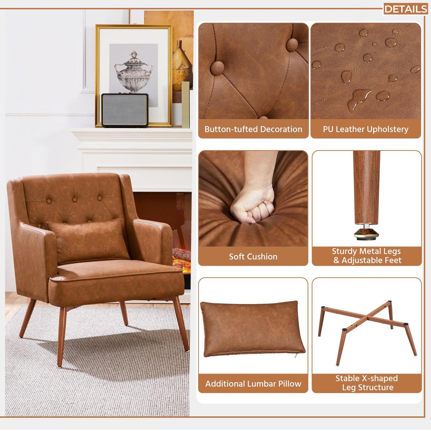 Yaheetech PU Leather Armchair, Tub Chair with Lumbar Pillow, Retro Brown