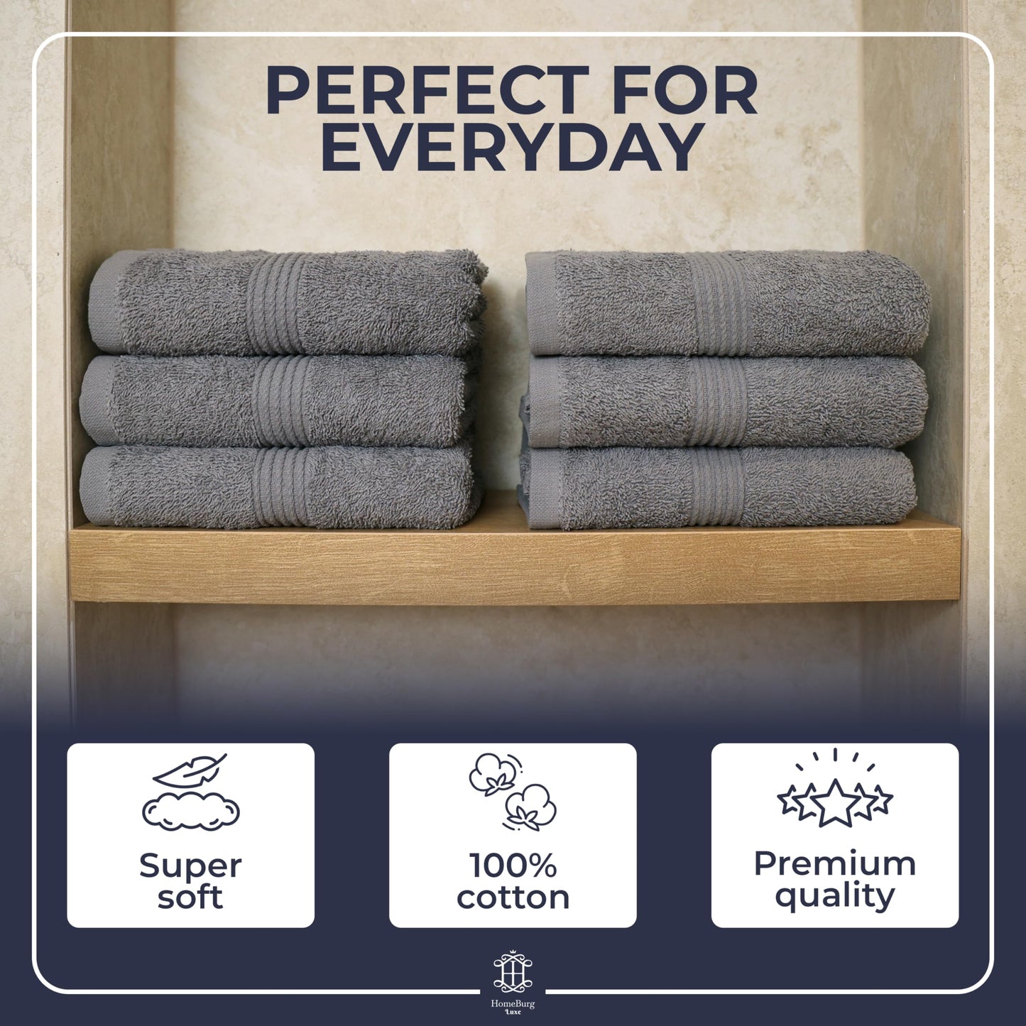 HomeBurg Luxe 6-Piece Towel Set – Soft & Absorbent Cotton, Quick-Drying, Easy Care, 40 x 70 cm, Stone Grey