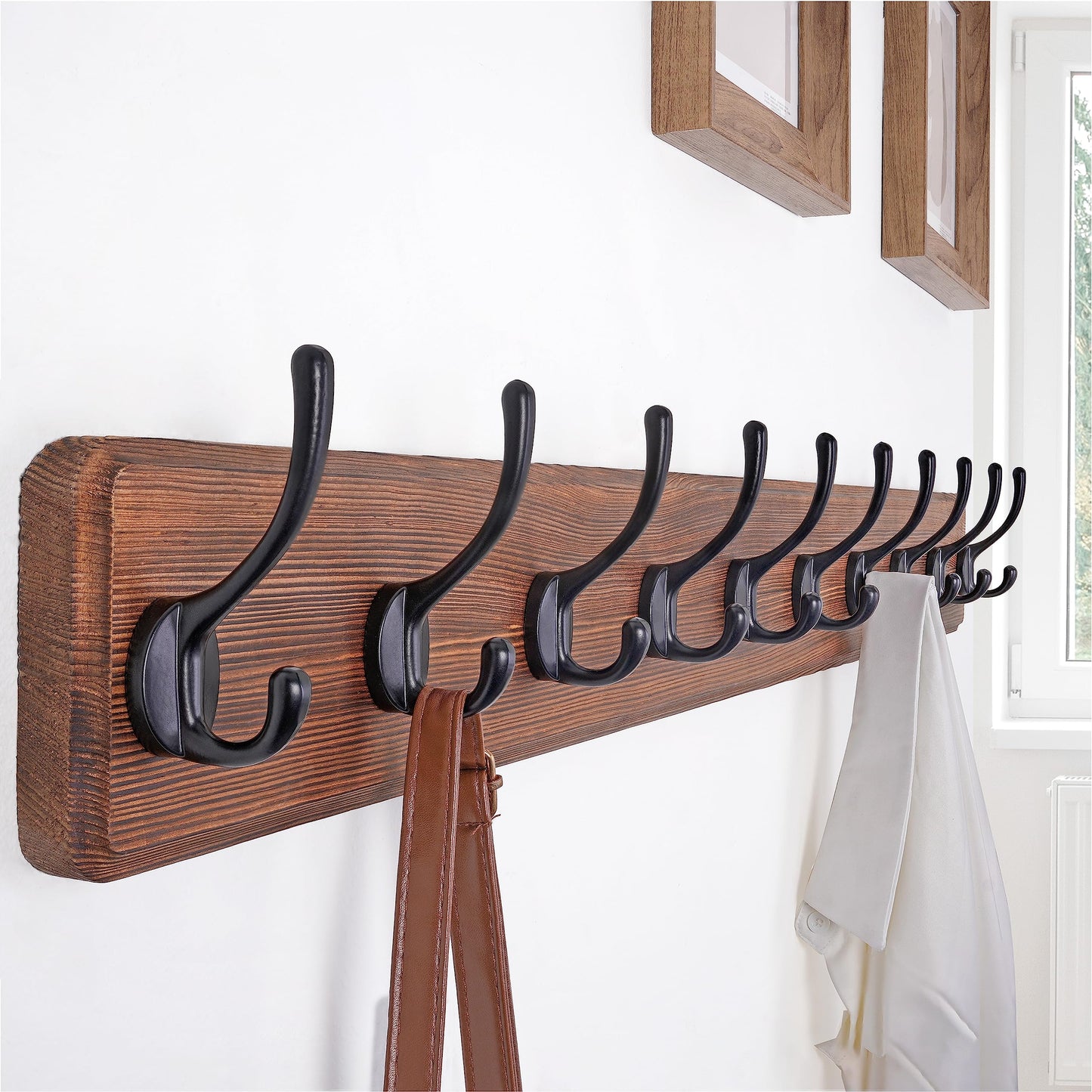 SKOLOO Farmhouse Style Wall Mounted Coat Rack, Pack of 2, Pine Solid Wood Coat Hook Hanger - 10 Hooks for Hanging Clothes Robes Towels Coats