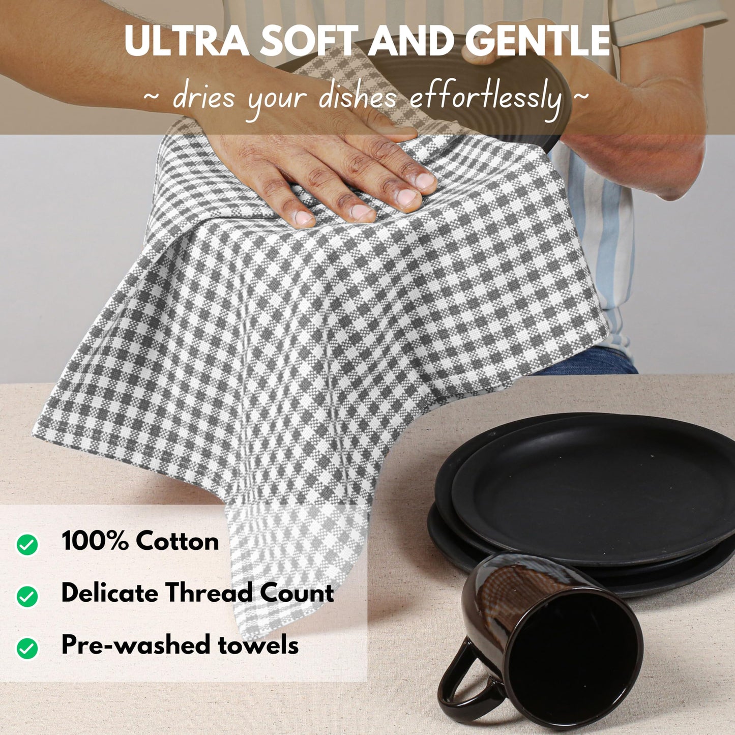 Native Fab 4-Pack Gingham Mini Check Tea Towel with Hanging Loop 38x63 cm, Cleaning Cloths, Bar Towels, Hand Towels