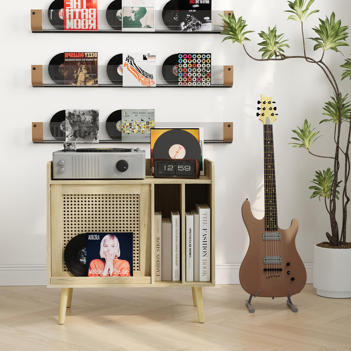 Semiocthome Record Player Stand with Vinyl Storage, Record Player Table with Storage Shelf, Turntable Stand with Rattan Cabinet Door Small