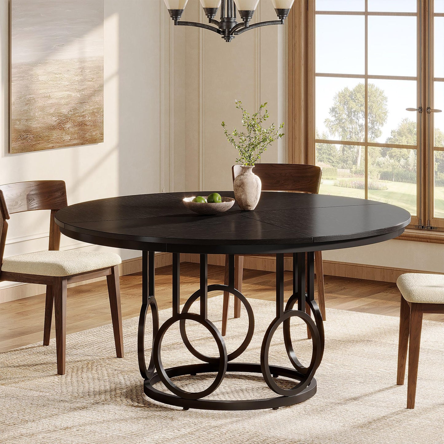Tribesigns 47-Inch Round Dining Table, Wood Kitchen Table with Sturdy Metal Base for 4-6 People, Large Circle Dinner Table for Dining Room, Kitchen