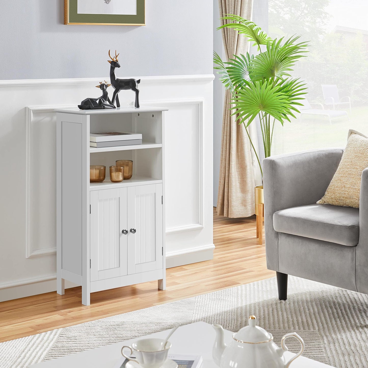 Yaheetech 5-Tier Bathroom Floor Cabinet Double Door Organizer, White