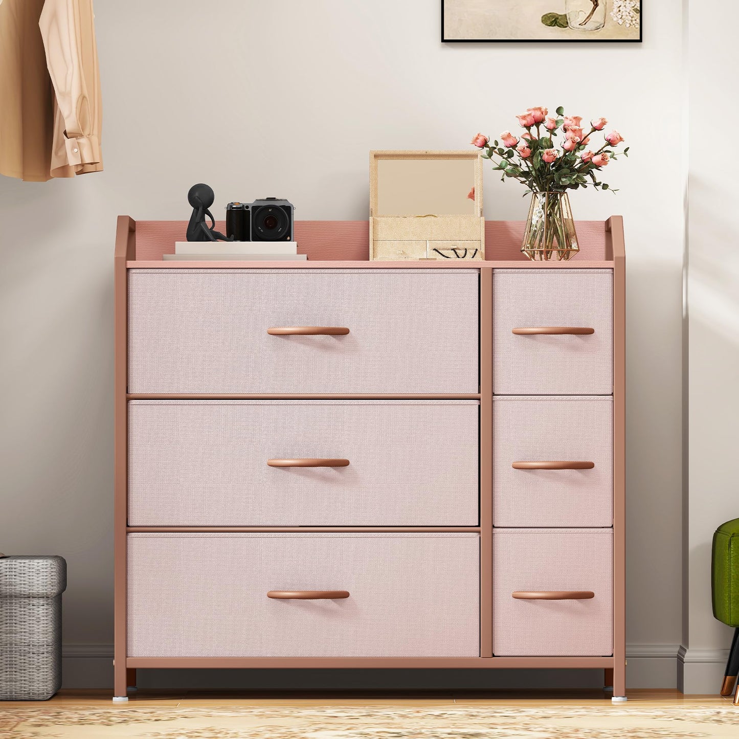 DWVO Chest of Drawers,Fabric Chest of Drawers Bedroom Cabinet with 6 Drawers,Dresser for Bedroom,Living Room With Handles,Wood Top and Sturdy Steel