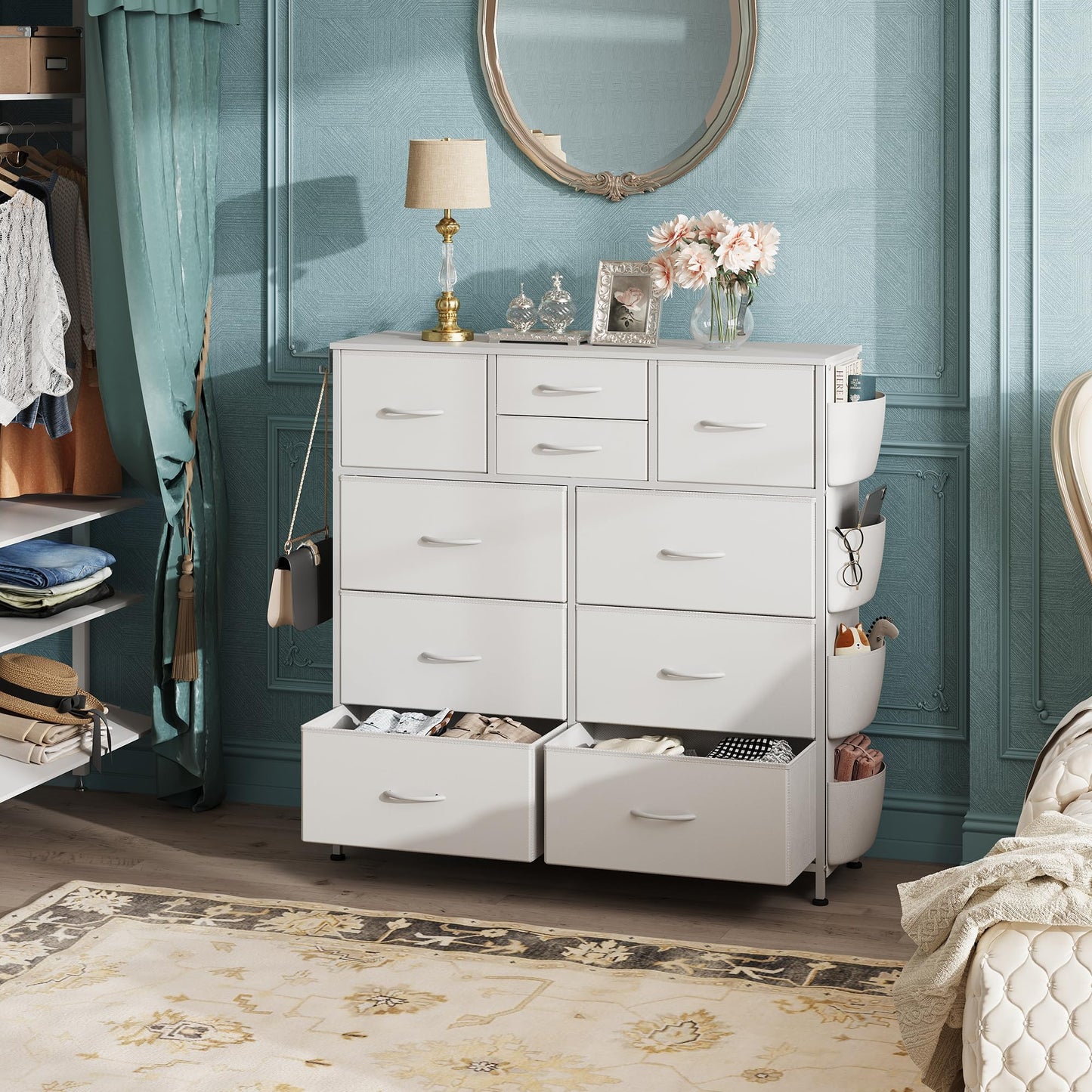 WLIVE White Chest of Drawers with Side Pockets, 10 Fabric Drawers Bedroom