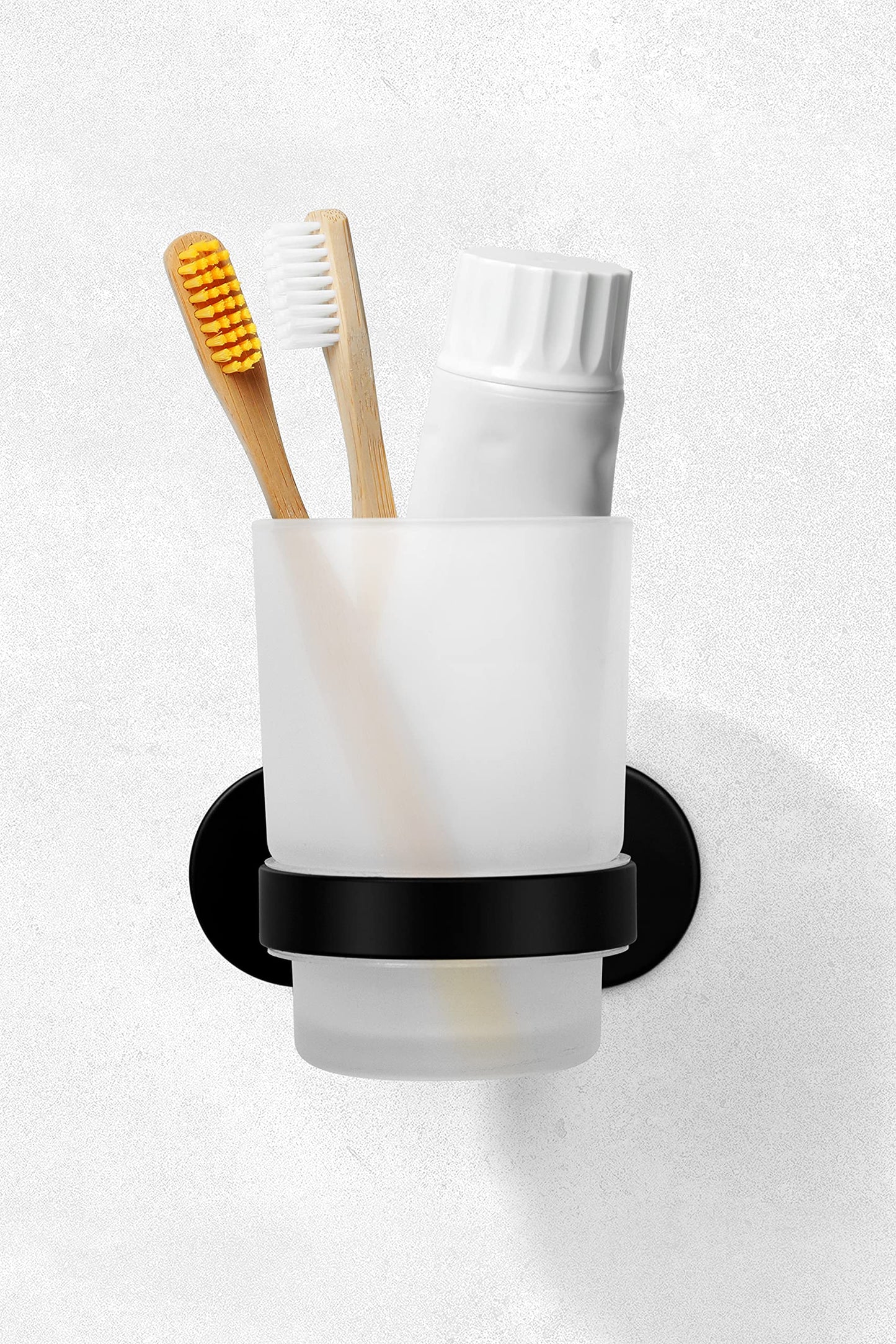 Ambrosya - Toothbrush Holder without Drilling - Bathroom Cup Glass Holder Wall Toothbrush Cup for Gluing (Stainless Steel (Black))