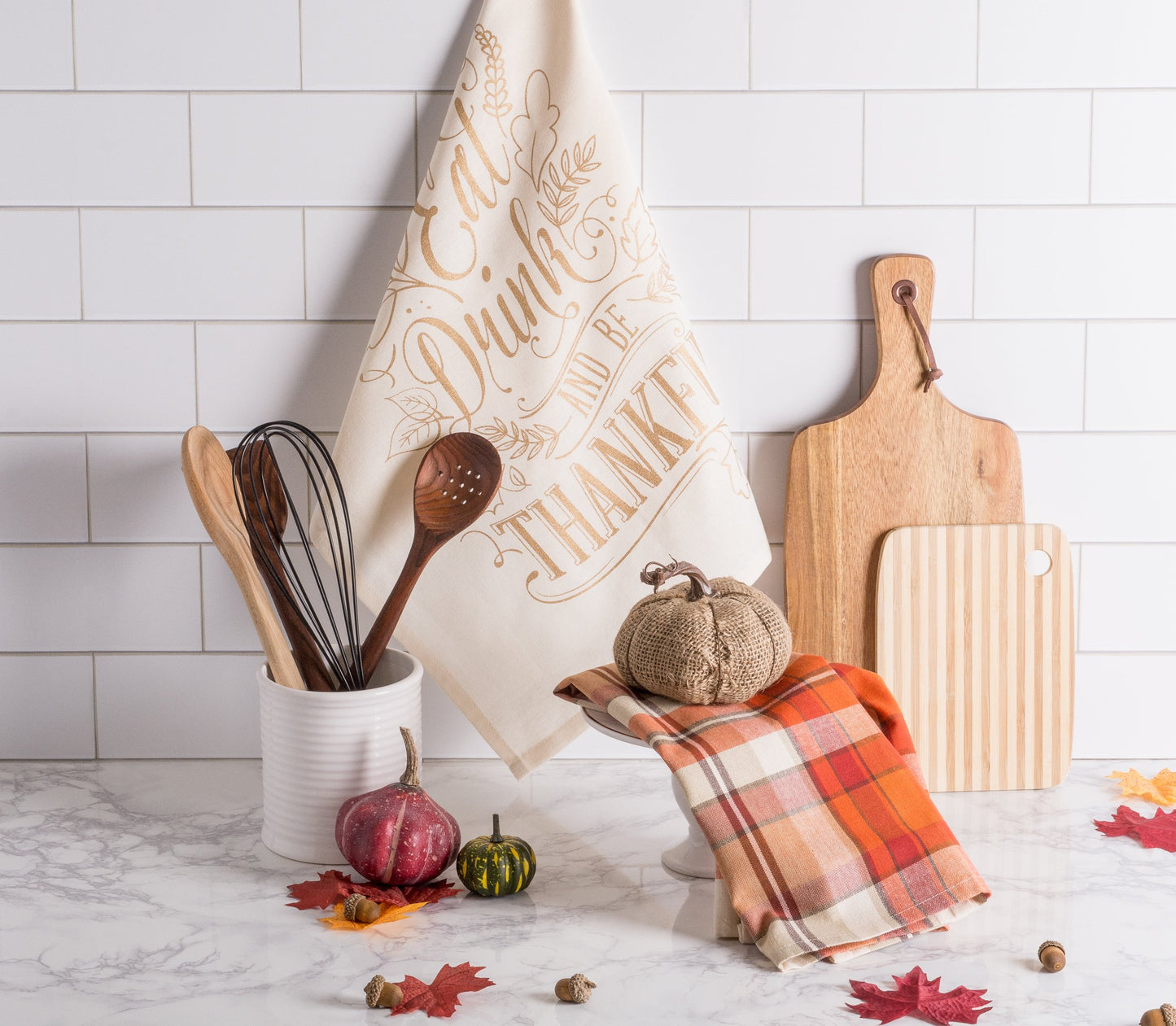 DII Printed Fall Dish Towel Set, Cotton, Be Thankful Plaid, 18x28