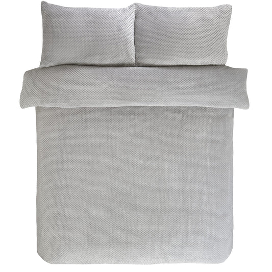 Sleepdown Waffle Teddy Fleece Silver Warm And Cosy Reversible Soft Duvet Cover Quilt Bedding Set With Pillowcases - King (220cm x 230cm)