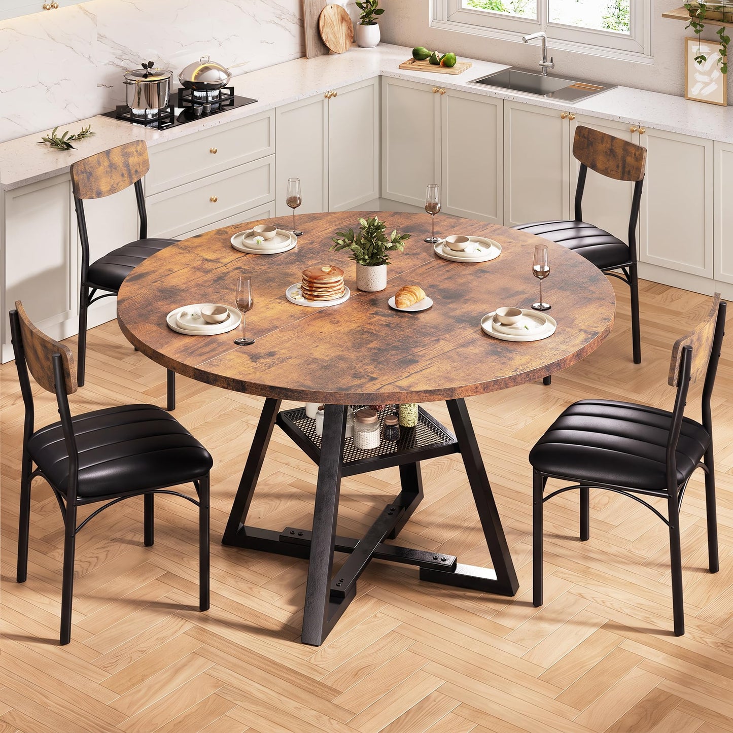 Jocoevol Round Dining Table and 4 Chairs Set of 4, Circle Dinner Table with Shelves, Space Saving Wood Kitchen & Dining Room Furniture