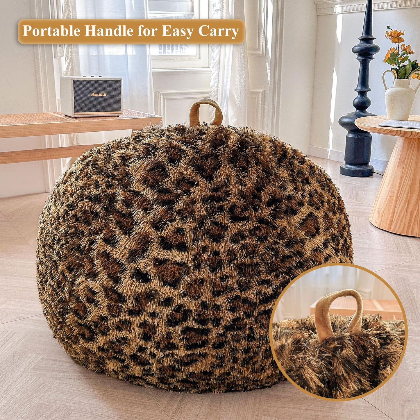 XeGe Faux Fur Leopard Print Bean Bag Chair Cover(No Filler), Cheetah Brown