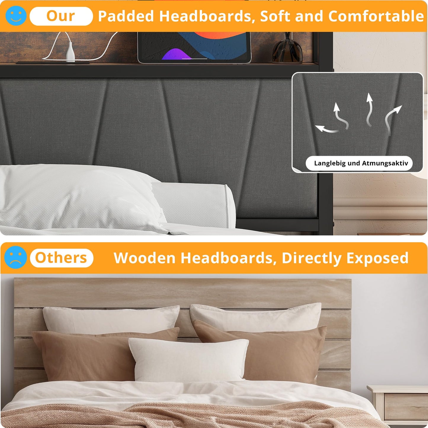 IRONCK Small Double Bed Frame with Storage Shelf Upholstered Headboard, Platform Bed Frame with Charging Station, Metal Bed Frame/UnderBed Storage