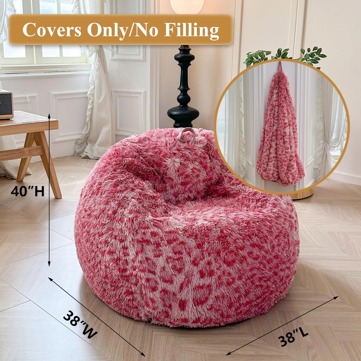 XeGe Faux Fur Leopard Print Bean Bag Chair Cover(No Filler), Cheetah Pink