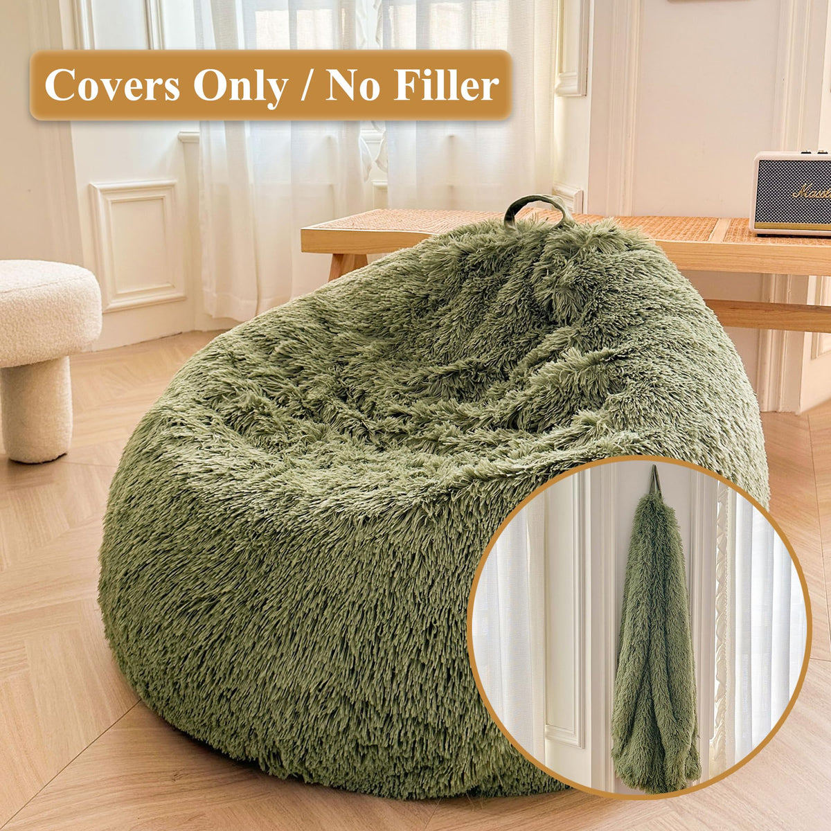 XeGe Comfy Fluffy Faux Fur Bean Bag Chair CoverNo Filler, Sage Green