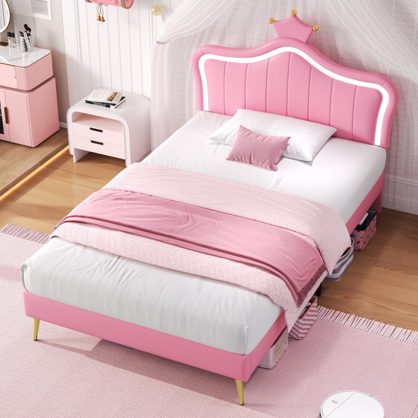 Merax 3FT Single Upholstered Bed Frame with LED Crown Shape Adjustable Headboard, PU Leather Platform Bed with Solid Wood Slats, Sturdy Metal Support
