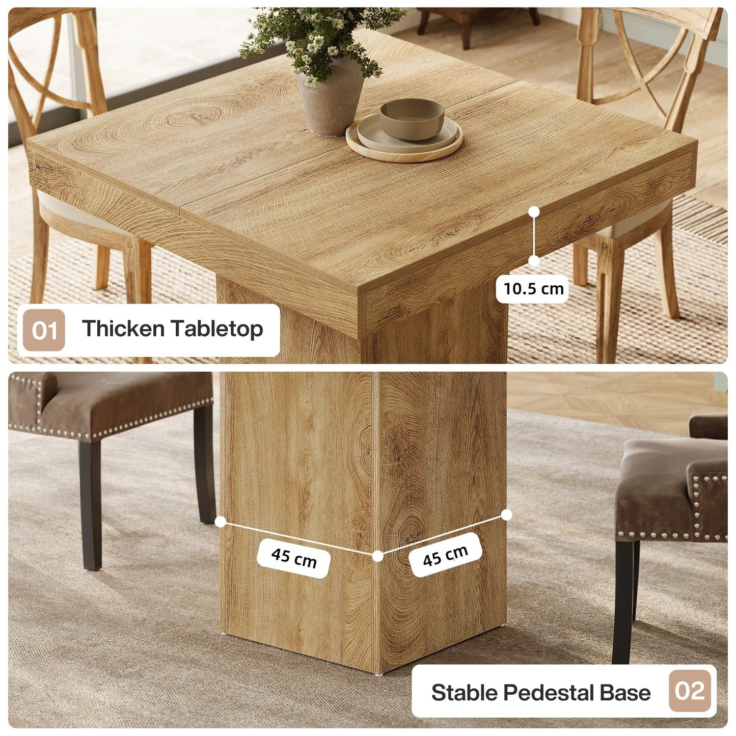 Tribesigns Square Dining Table for 4, 100 cm Farmhouse Small Kitchen Dinner Table with Sturdy Pedestal Base