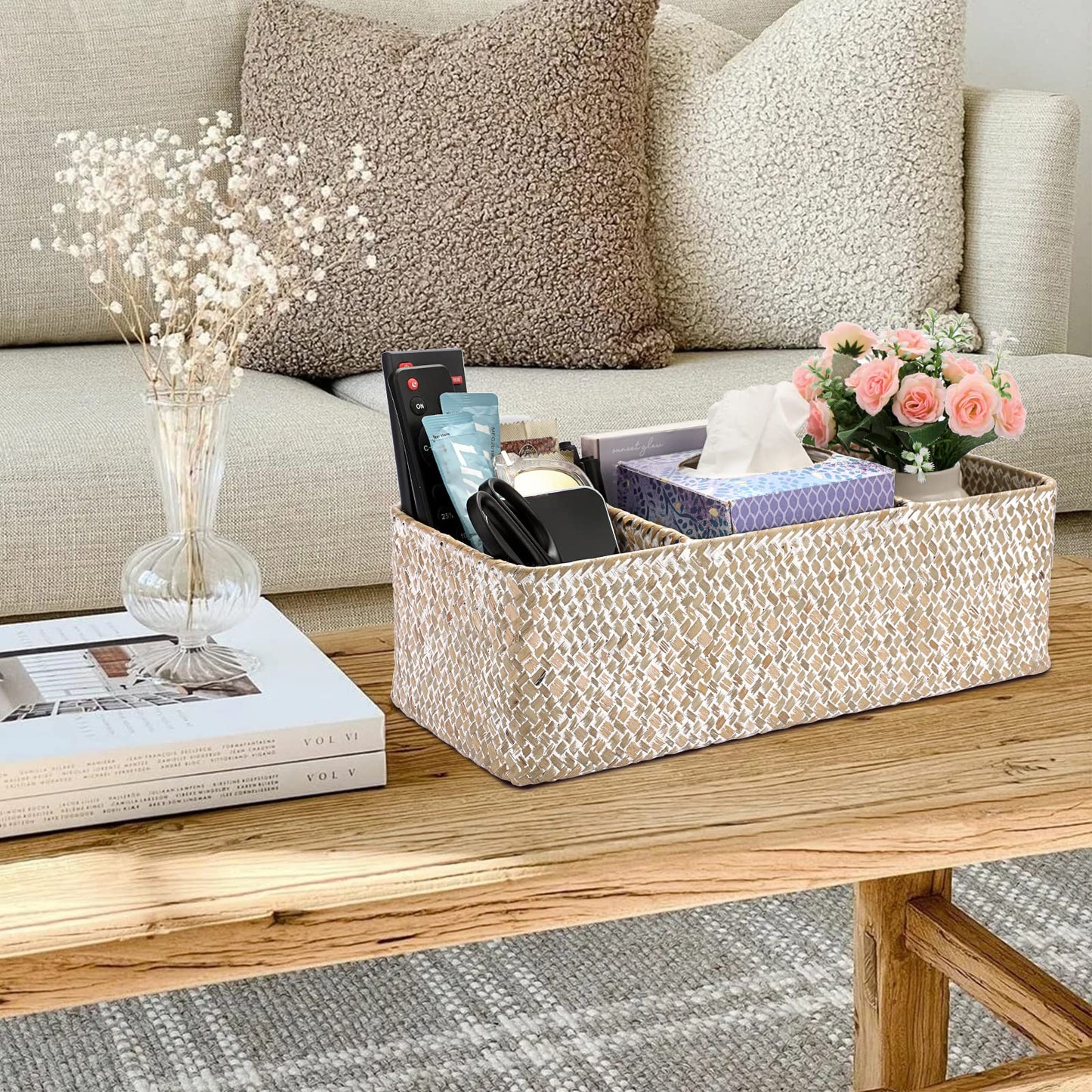 IGNPION 3-compartment Seagrass Storage Basket Woven Seagrass Desktop Baskets Rectangular Organiser Box Shelves & Desks Decorative Basket for Sundries
