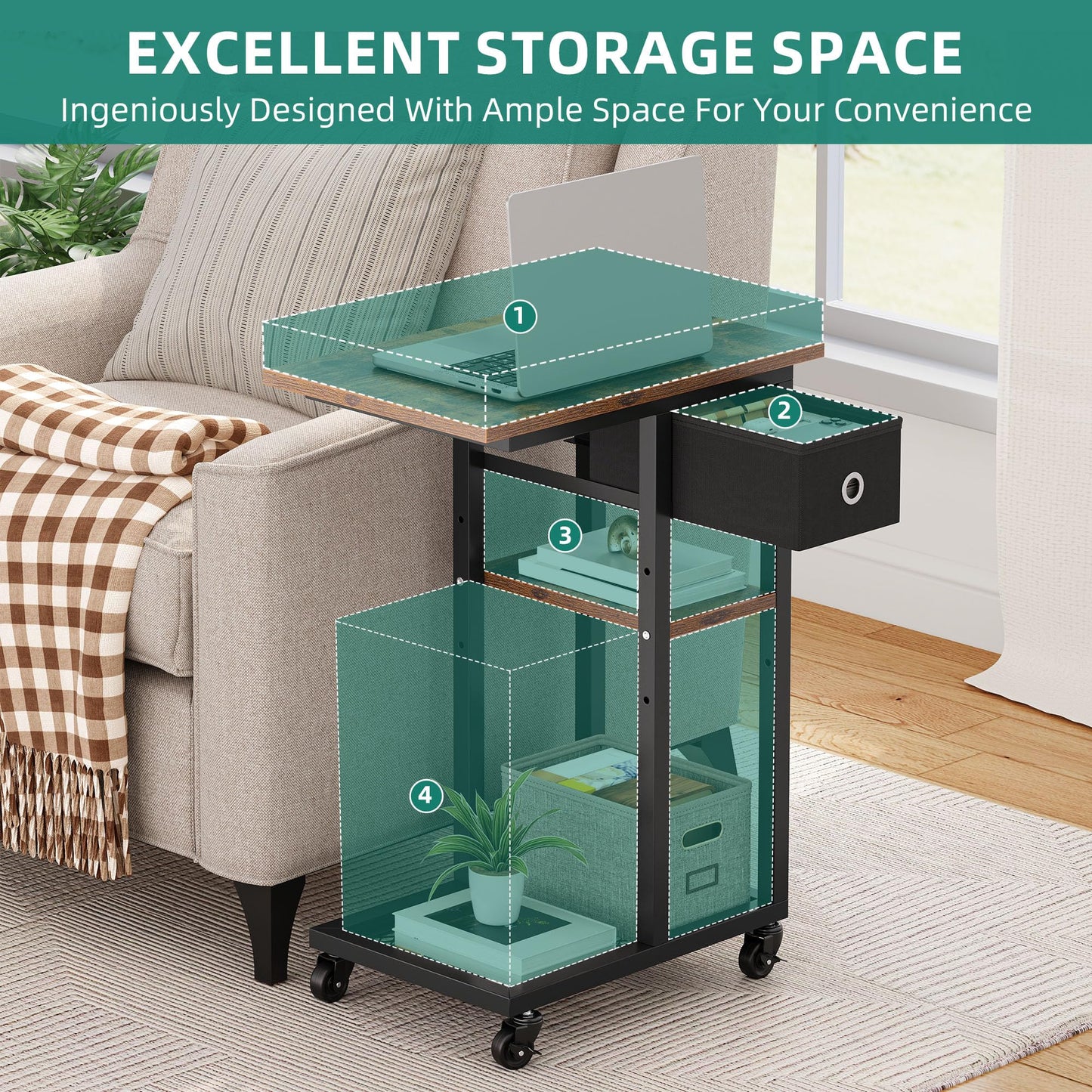 YITAHOME Bedside Table, C-Shaped Side Table with Fabric Drawer and Wheels