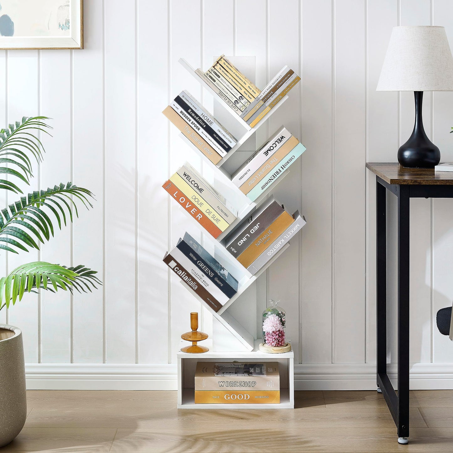 Hoctieon 6 Tier Tree Bookshelf, Tall Bookcase with Drawer, Freestanding Book Shelf, Display Floor Standing Storage Shelf