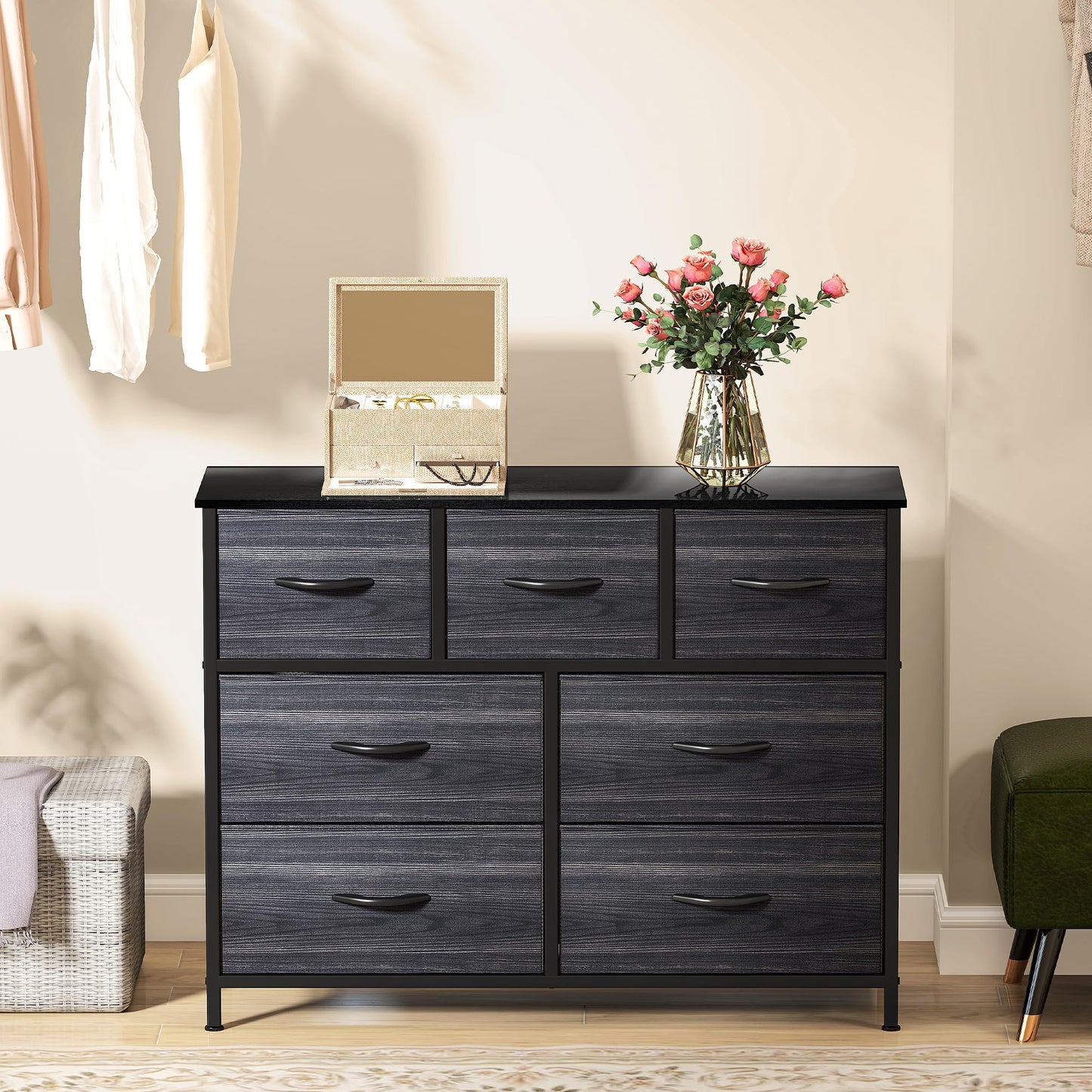 DWVO Wide Chest of Drawers,Fabric Chest of Drawers Bedroom Cabinet with 7 Drawers,Dresser for Bedroom,Living Room With Handles,Wood Top and Sturdy