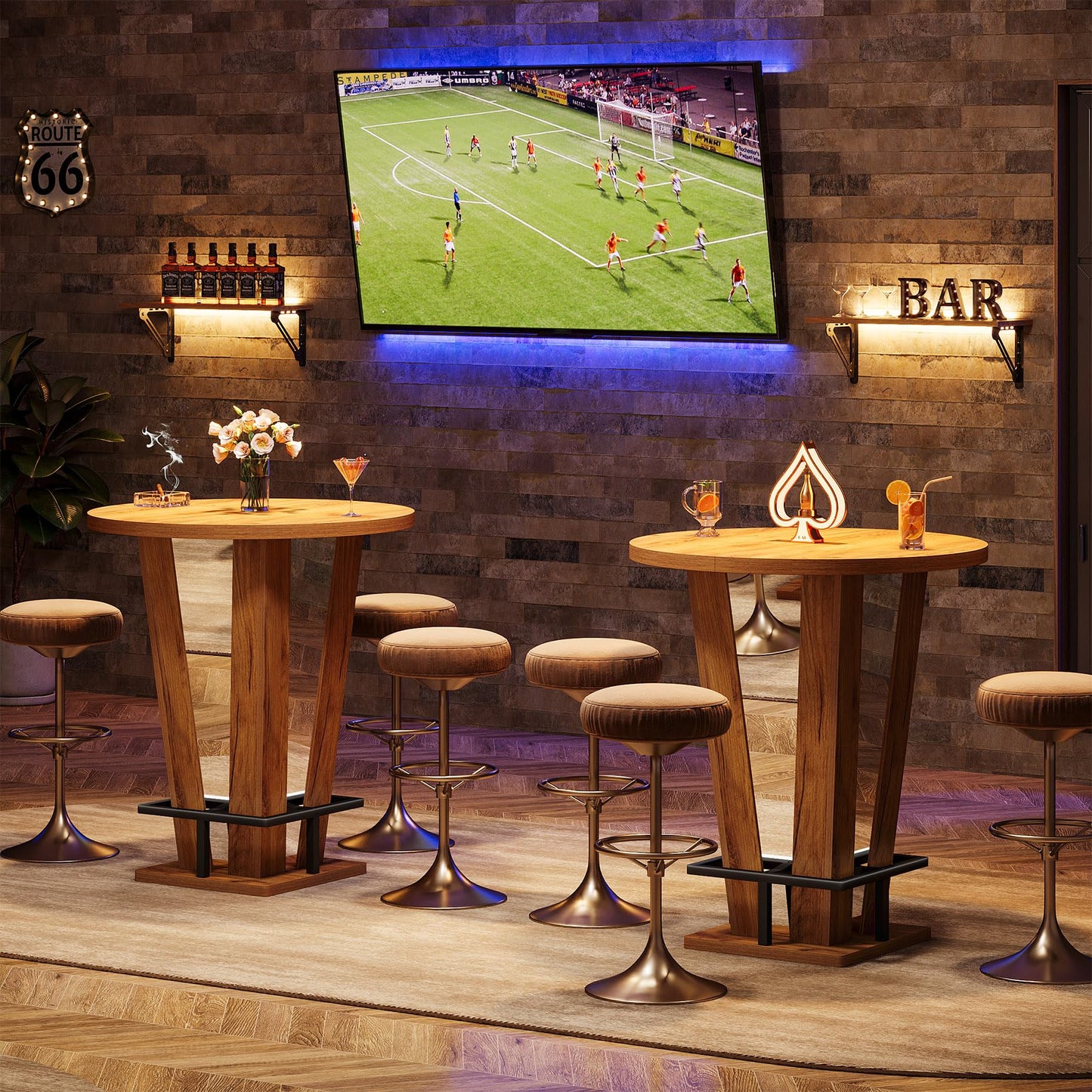 Tribesigns Round Bar Table, 39.4" H High Top Cocktail Bistro Pub Table with Metal Footrest for Living Room, Small Space, Brown