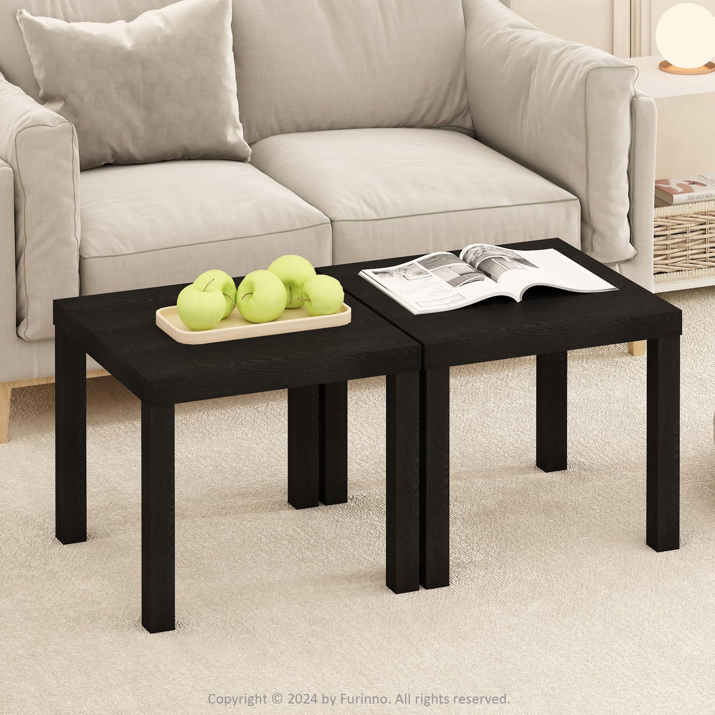 Furinno CLASSIC Coffee Table Set of 2, Square Modern Coffee Table with 1.8 Thick Tabletop, Side Table with 4 Legs, for Living Room, Bedroom
