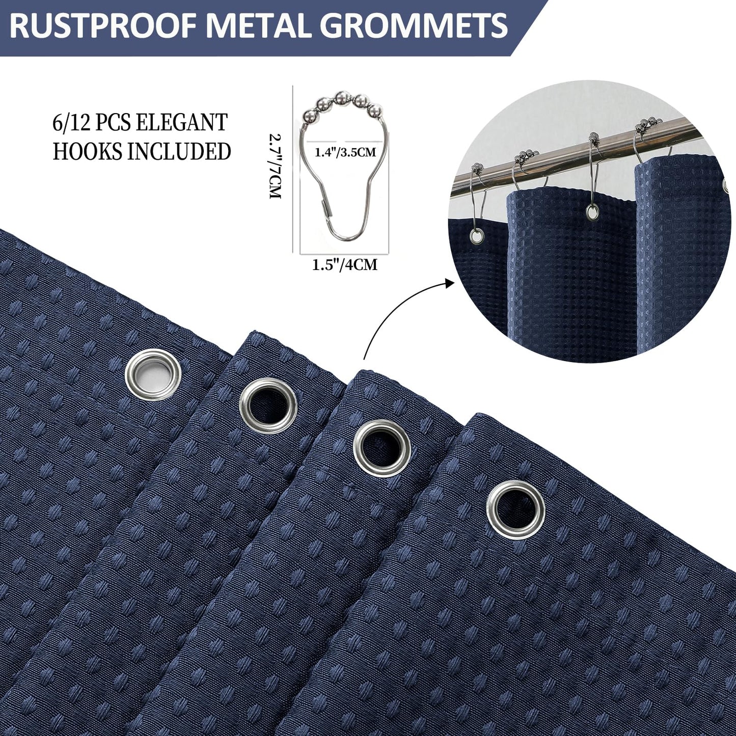 FY&XZH Heavy-Duty Waffle Weave Shower Curtain with Stainless Steel Hooks, Thick Fabric for Bathroom, Hotel, Spa & Salon-275 x 183cm (Navy Blue)