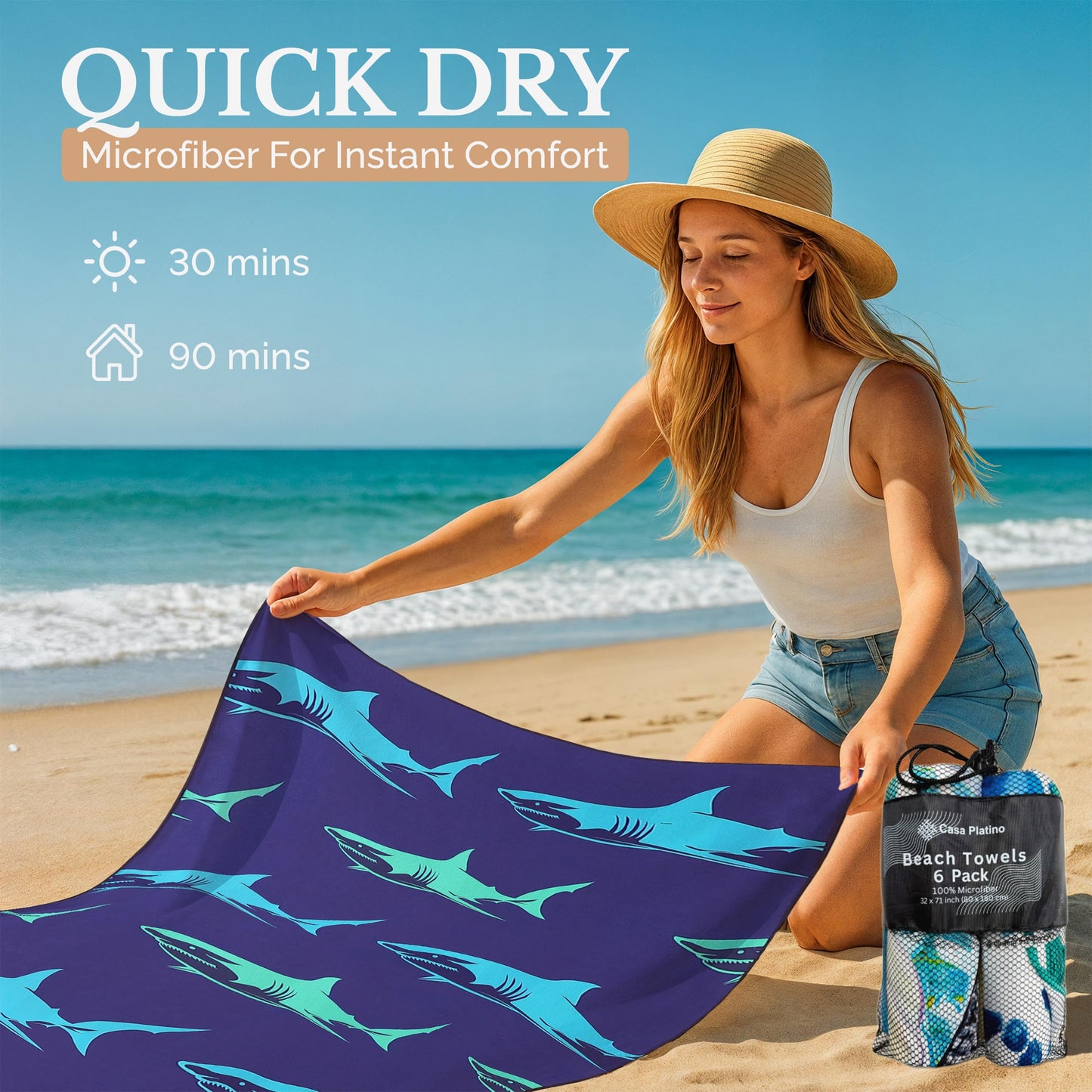 Casa Platino Beach Towels 6-Pack Extra Large – 71"x32" Lightweight, Quick-Dry & Sand-Free Microfiber – Soft, Double-Sided Swim