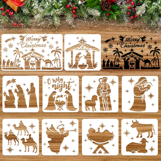 HOWAF 10PCS Nativity Set Stencil, Merry Christmas Stencils for Crafts Plastic Reusable Christmas Window Stencils for Snow Spray Nativity Scene for DIY