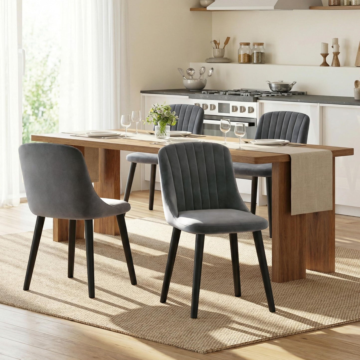 Goeurvant Dining Chairs Set of 4 Velvet Chairs for Living Room with Wood Legs Kitchen Chair Upholstered, Dark Grey with Black Leg