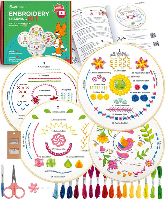 Azenera Beginner Embroidery Kit (4 Pack) for Adults, Learn 33 Stitches with Easy DIY Video Tutorials, Coloured Design Patterns, Cross Stitch Hoop,