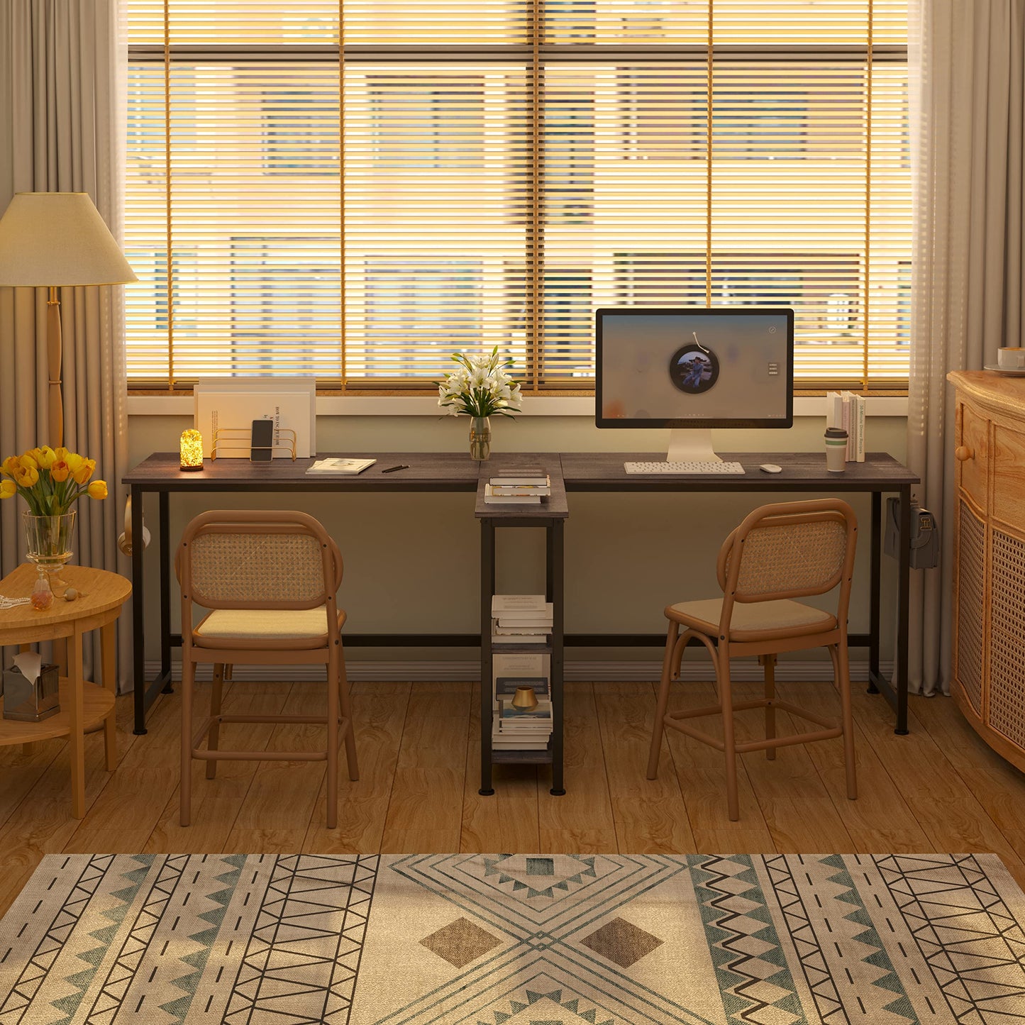 CAIYUN 83.7" Two Person Desk, Computer Desk with Storage Shelves, Office Desk with Monitor Stand, Long desks for Home Office, GreyOak