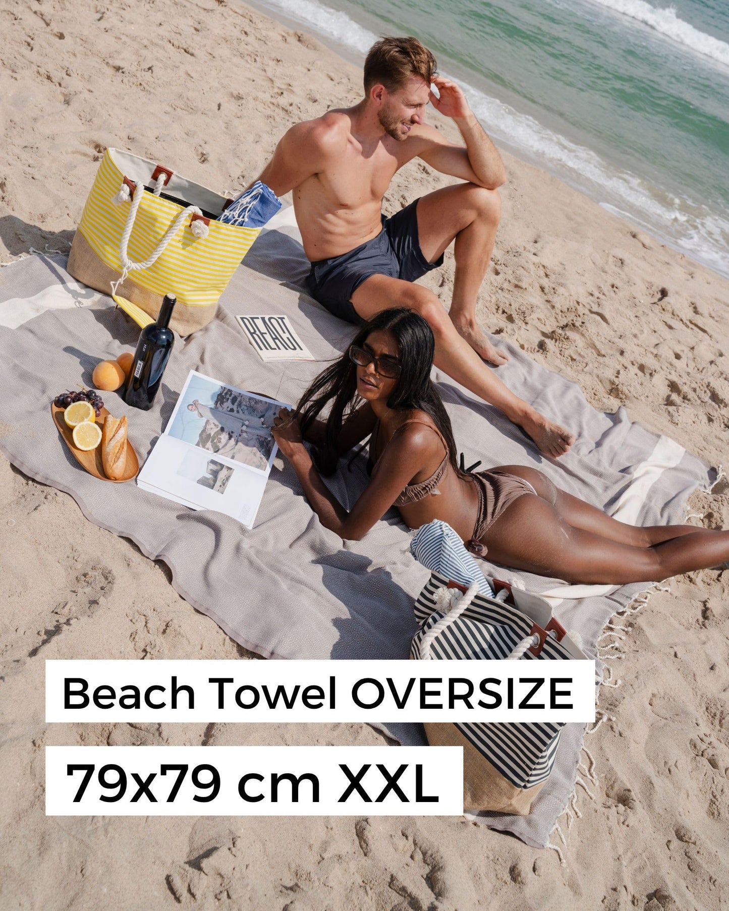 furora HOLIDAY Beach Towel XXL Extra Large OVERSIZED 200x200 cm / 79x79 Inch - cotton | Turkish Towel Fouta + Picnic Blanket | Beach Blanket
