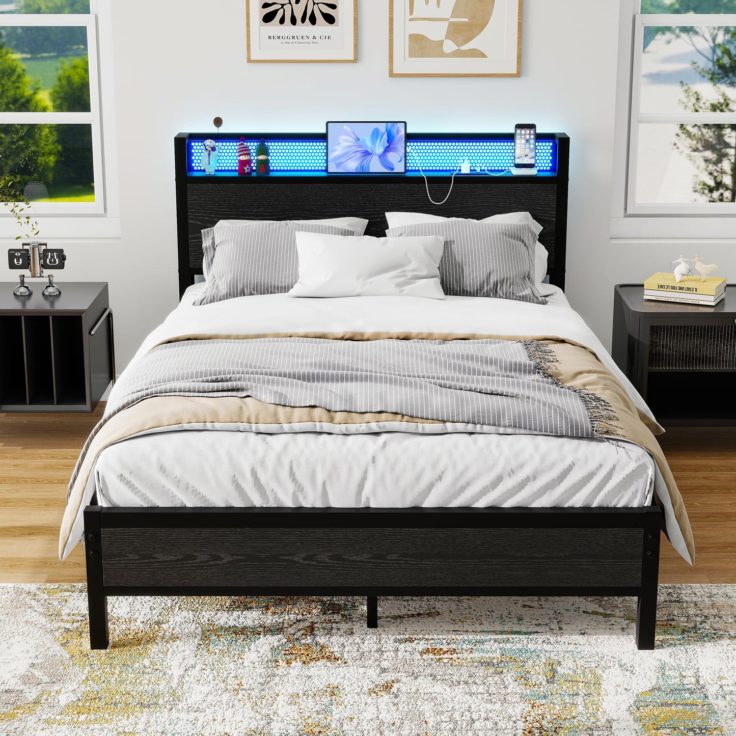 Diahomy 4ft6 Double Bed Frame with Storage Headboard&LED Lights,Black