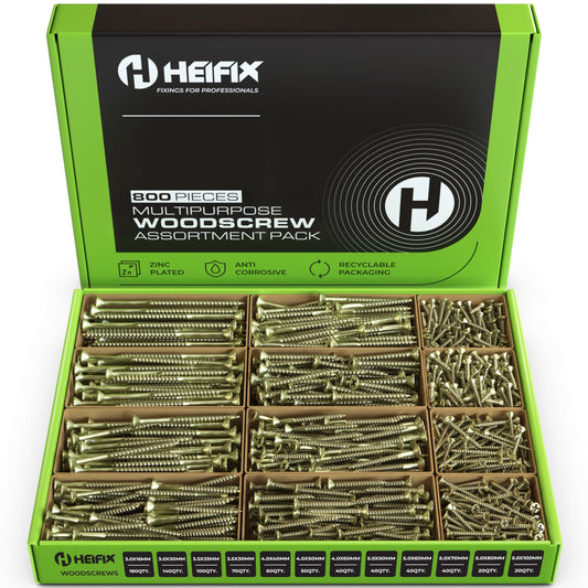 Heifix 800-Piece Wood Screw Assortment Set In Eco Storage Box - FREE Screw Bit Included - Double Countersunk, Pozi, Heavy Duty - For DIY, Floorboard,