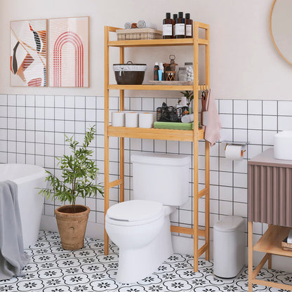 SMIBUY Bathroom Storage Shelf, Bamboo Over-The-Toilet Organizer Rack, Freestanding Toilet Space Saver with 3-Tier Adjustable Shelves (Natural)
