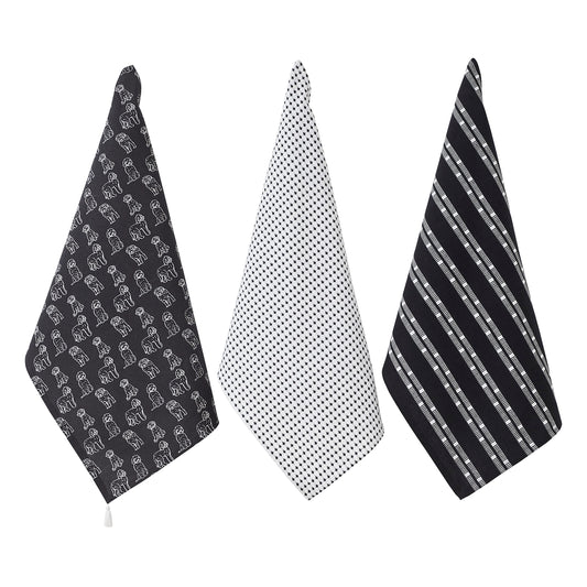 Penguin Home Set of 3 Recycled cotton Tea Towels, Eco Friendly Sustainable Plain weave printed kitchen towels with tassels on both corner Size - 50x70