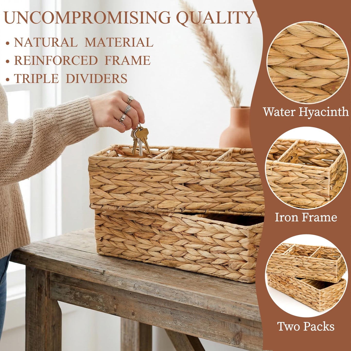 Pumtus 2 Pack 3-Section Wicker Baskets, Water Hyacinth Storage Bin, Handwoven Desk Organizer, Toilet Paper Container