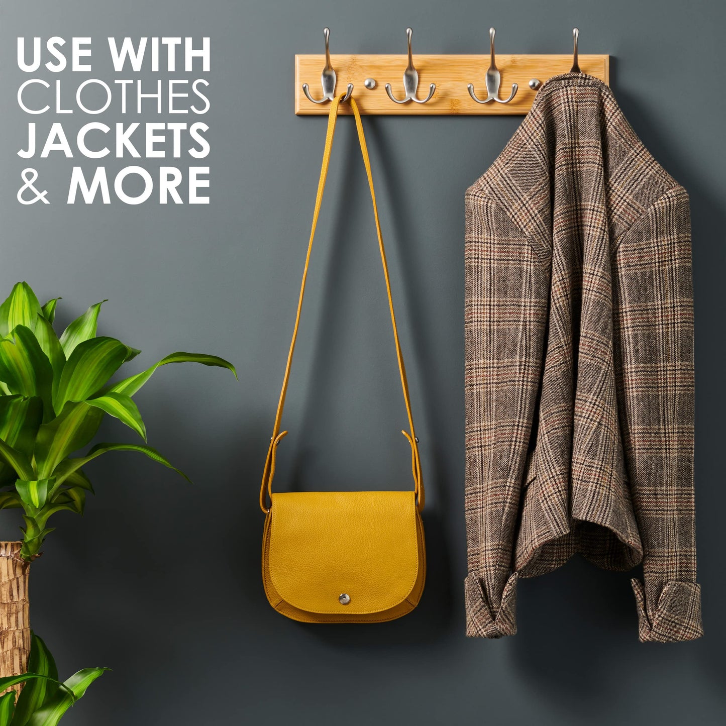 LARHN Wooden Wall-Mounted Coat Rack - 4 Matt-Nickel Coat Hooks, 42cm