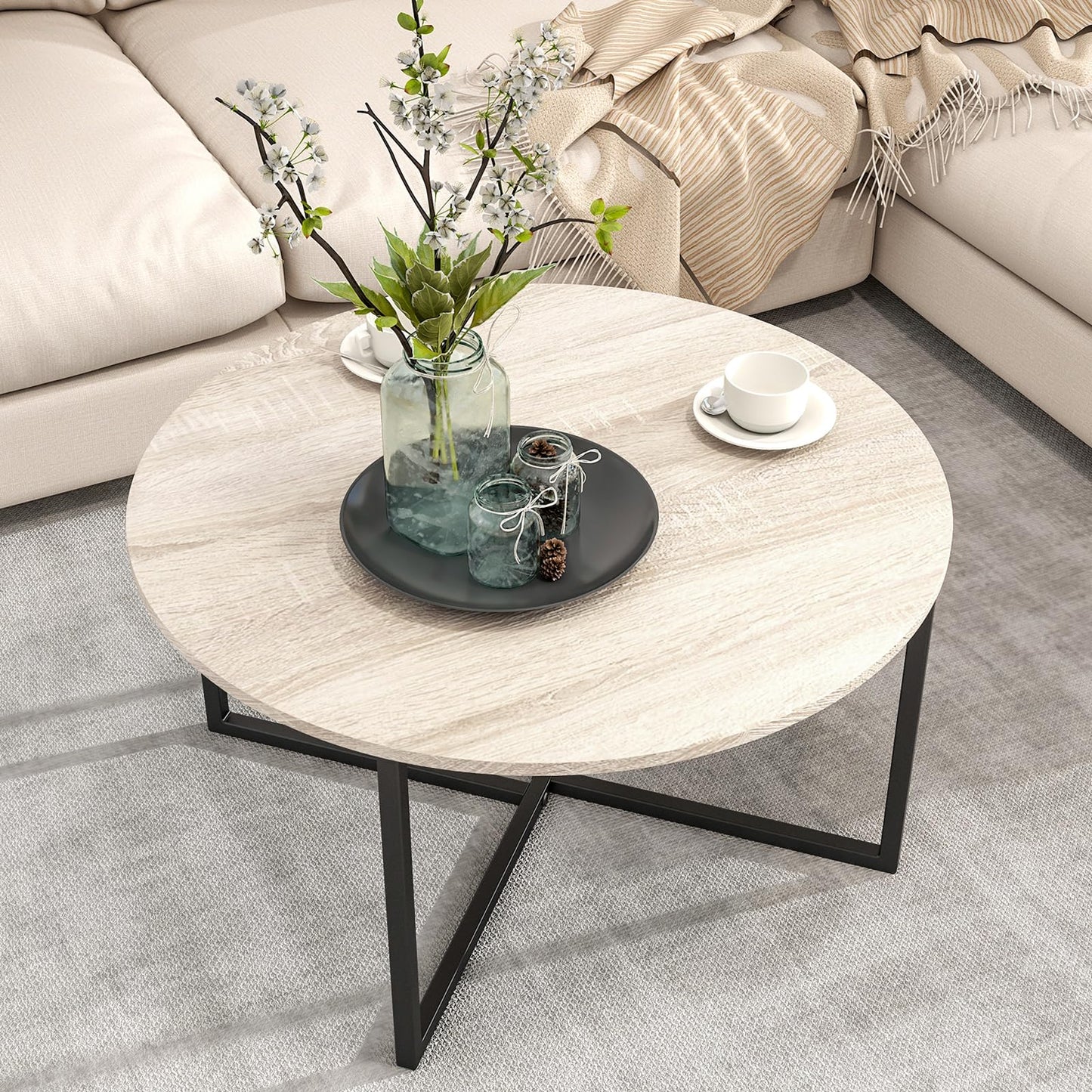 HOJINLINERO Round Coffee Table Tea Table End Table Sofa Table for Living Room,Industrial Style Cocktail Table,Durable Metal Frame with Wood Look