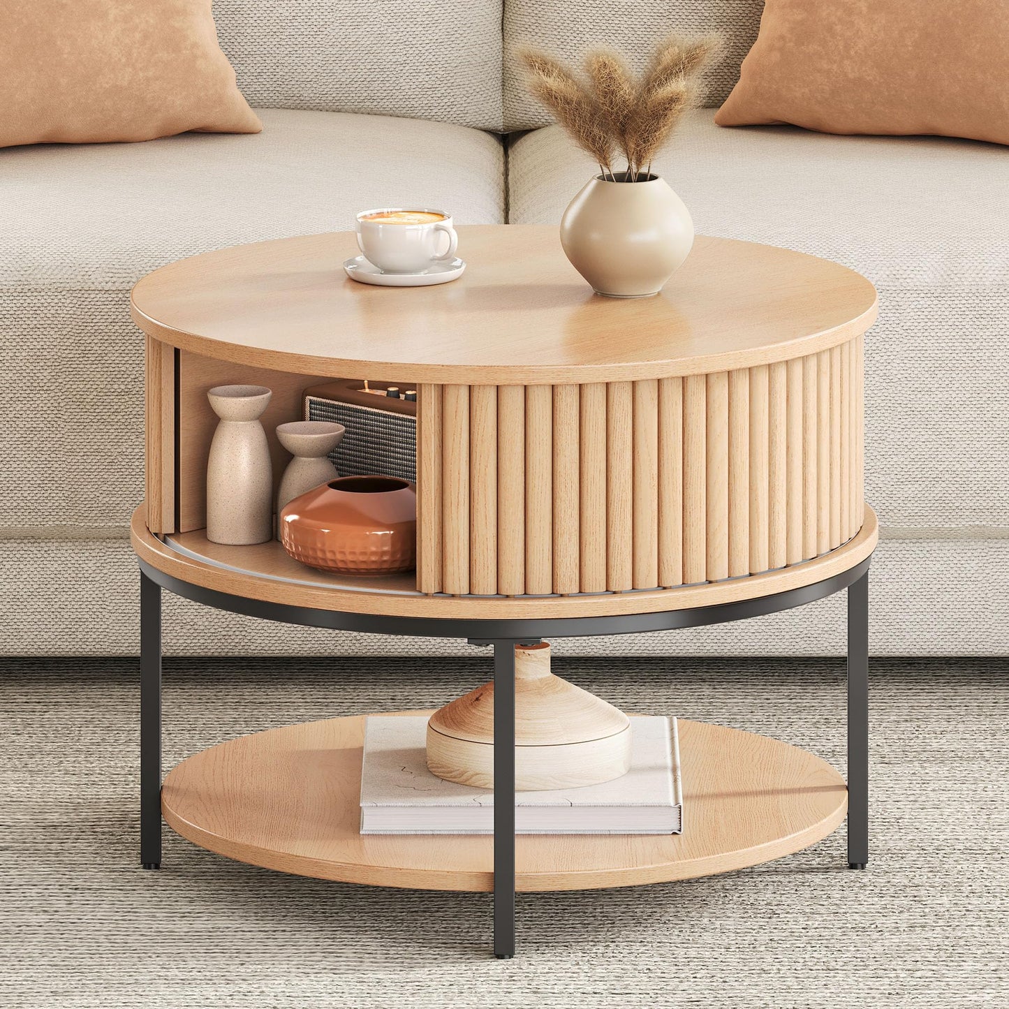 YITAHOME Round Coffee Table, Coffee Table with 2-Tier Storage Space, Fluted Coffee Tables with Tambour-Design Sliding Doors for Living Room