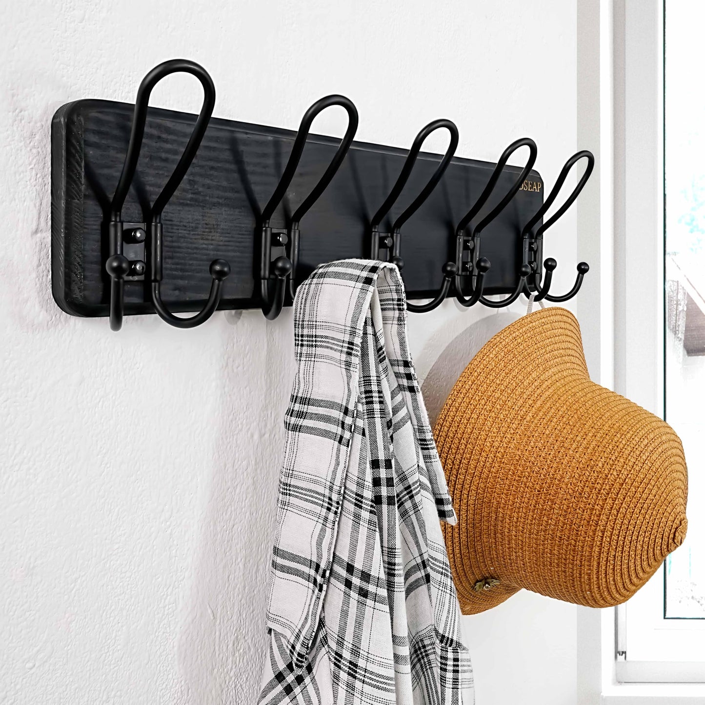 Dseap Coat Rack Wall Mounted - Heavy Duty Farmhouse Rustic Wall Coat Hanger with 5 Wire Hooks for Clothes Hat Jacket Towel, RusticWire, J1-5A, Black