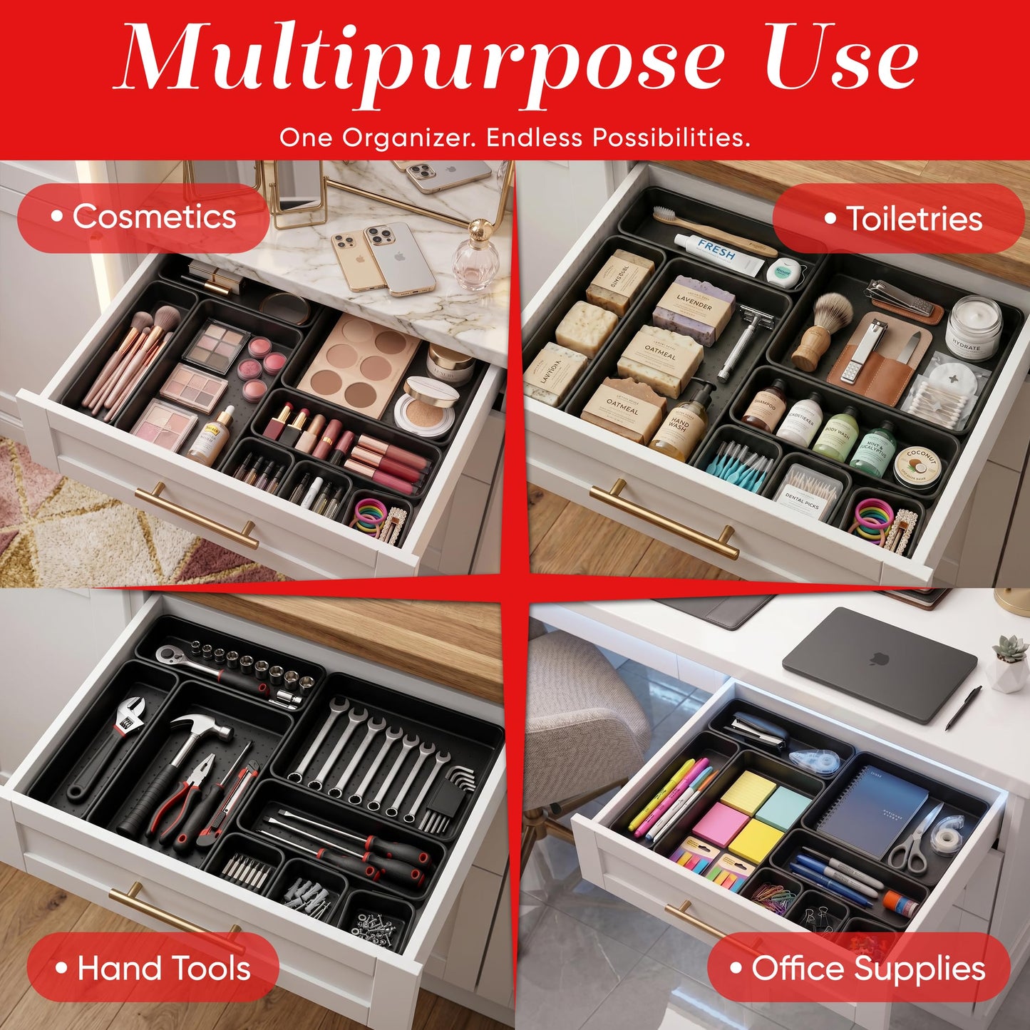 Masirs Interlocking Drawer Organizer Bins, Durable Plastic, Various Sizes for Custom Layout Design, Great for Desk Drawer