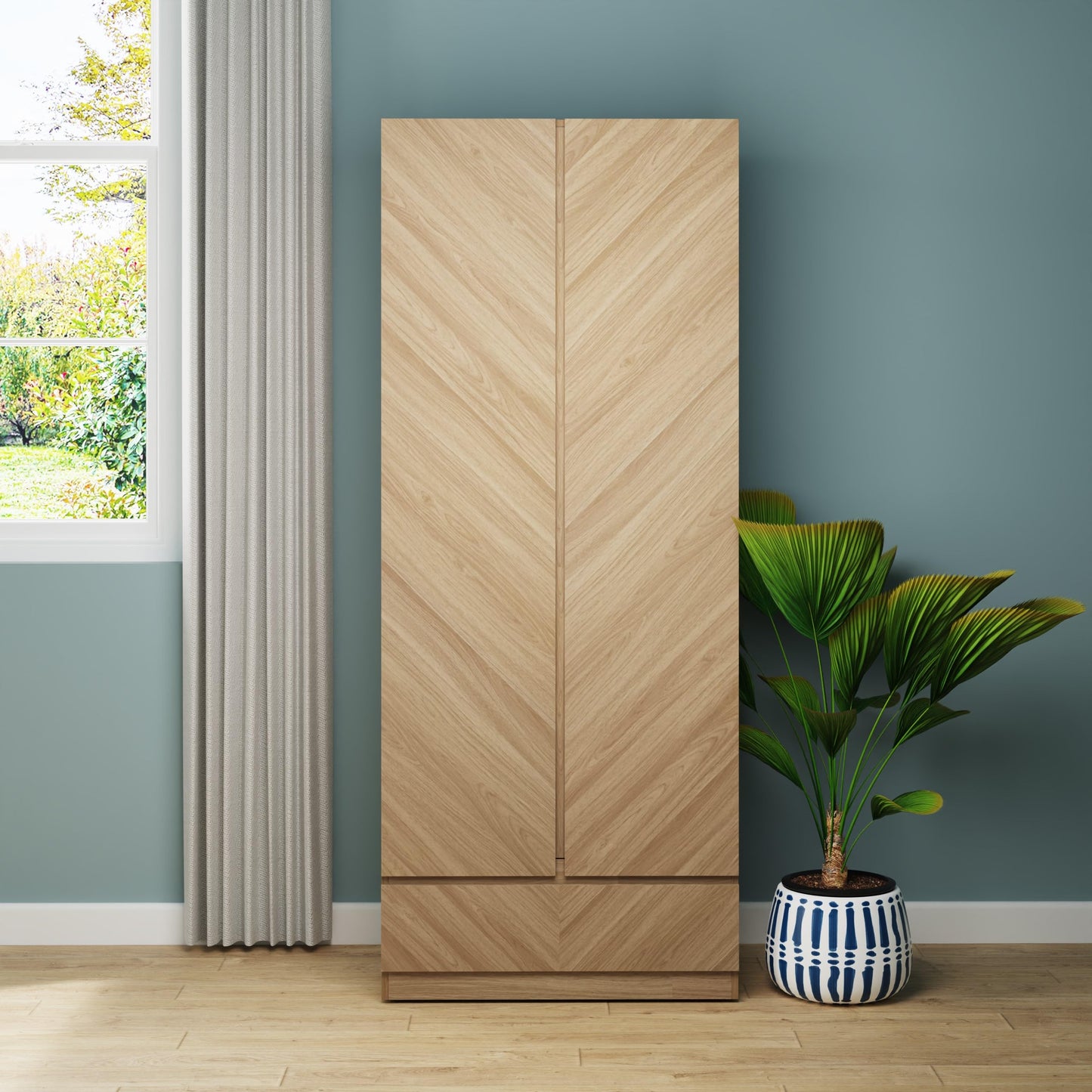 GFW Catania 2 Door Hanging Rail, Deep Top Shelf & 1 Drawer Wooden Wardrobe, Modern Bedroom Furniture Clothes Storage With Euro Oak Design Finish, Oak,